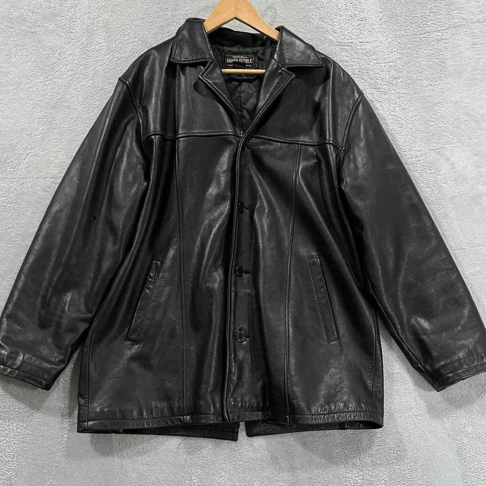 VTG Banana Republic Leather Jacket Mens‎ L Moto 90s Button Grunge Biker